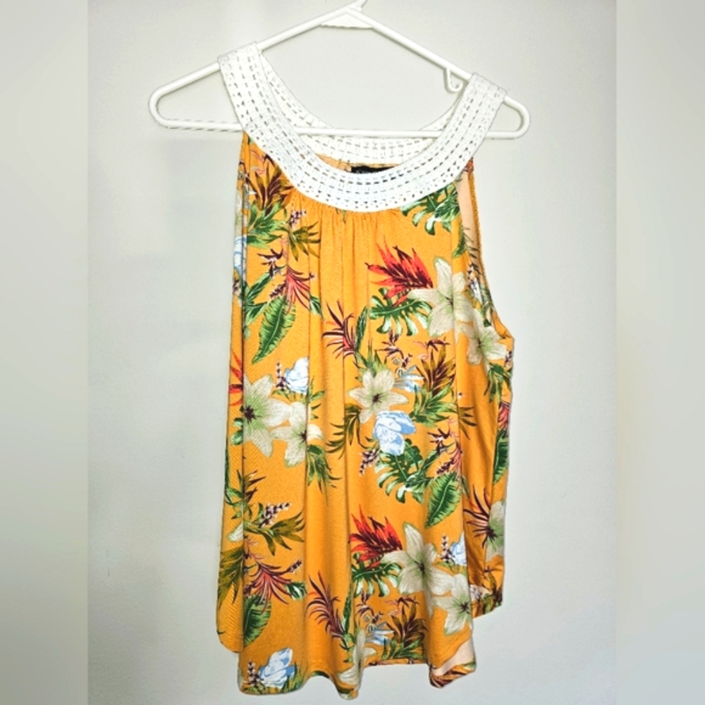 Knapp Studio Orange Tropical Floral Halter Tank With Crothet Trim Women's Sz L